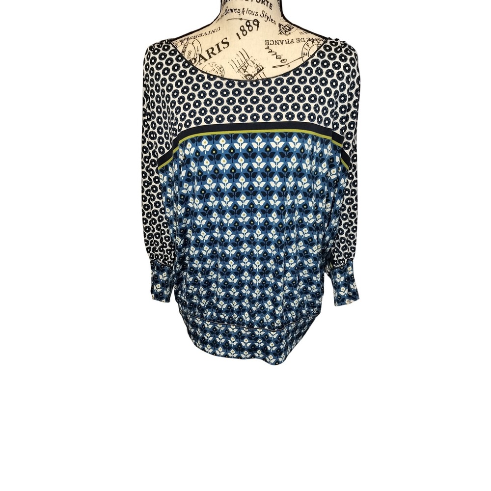 Max Edition Womens Blue Mixed Geometric Floral Dolman Sleeve Banded Top Large